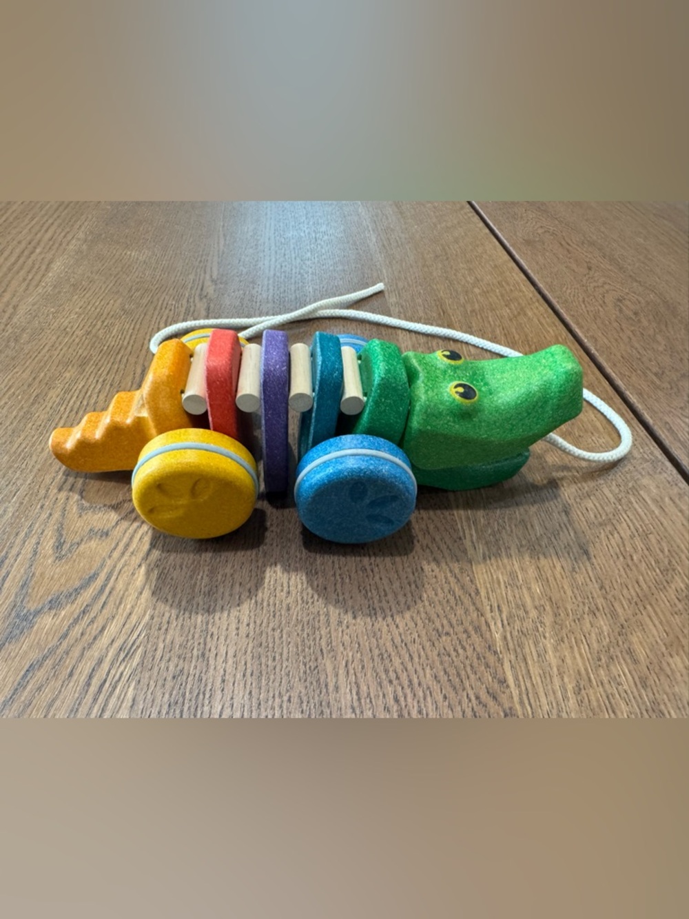 PlanToys Rainbow Alligator Wooden Pull Toy – Colorful Articulated Crocodile Toy